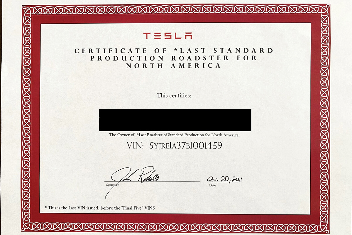 Tesla Certificate of Last Standard Production Roadster for North America