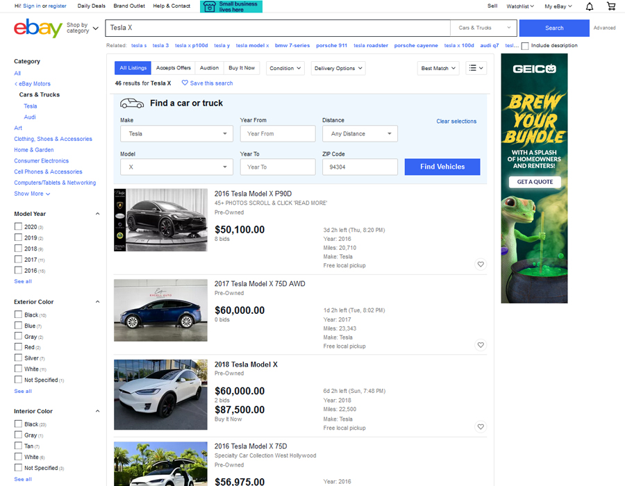 Tesla Model X search on eBay